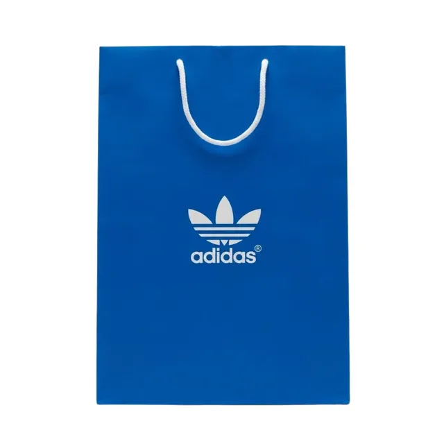 Синій паперовий пакет Adidas Originals 37×26×12.5 см I Фірмовий подарунковий пакет з ручками для кросівок, одягу та подарунків
